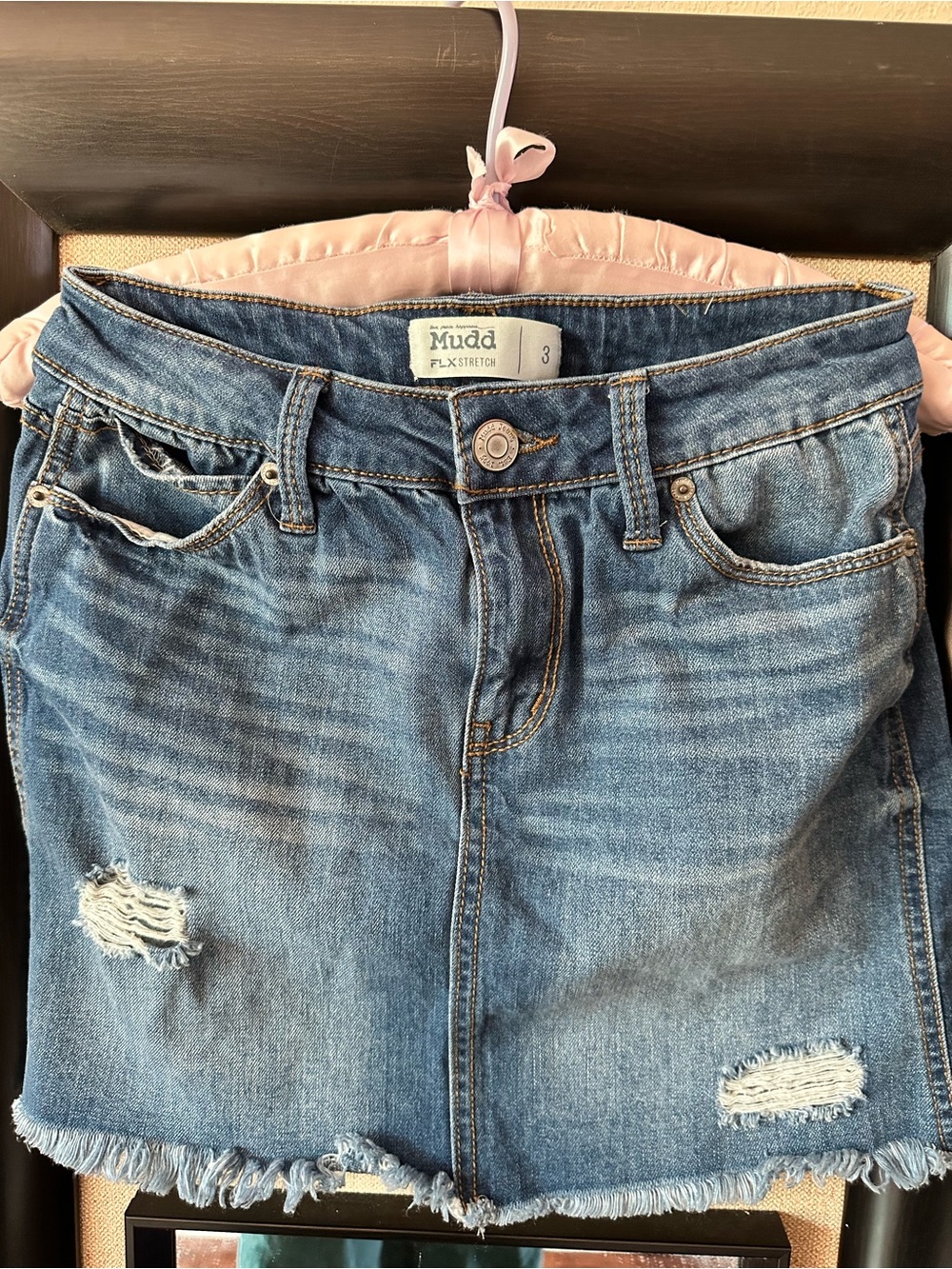Mudd Women's Light Blue Distressed Denim Mini Skirt